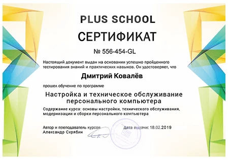 Сертификат PLUS SCHOOL — Дмитрий Ковалёв, настройка и обслуживание ПК