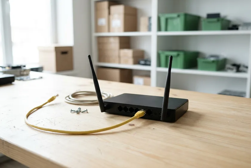 Wi-Fi роутер с подключённым сетевым кабелем на столе компьютерной мастерской