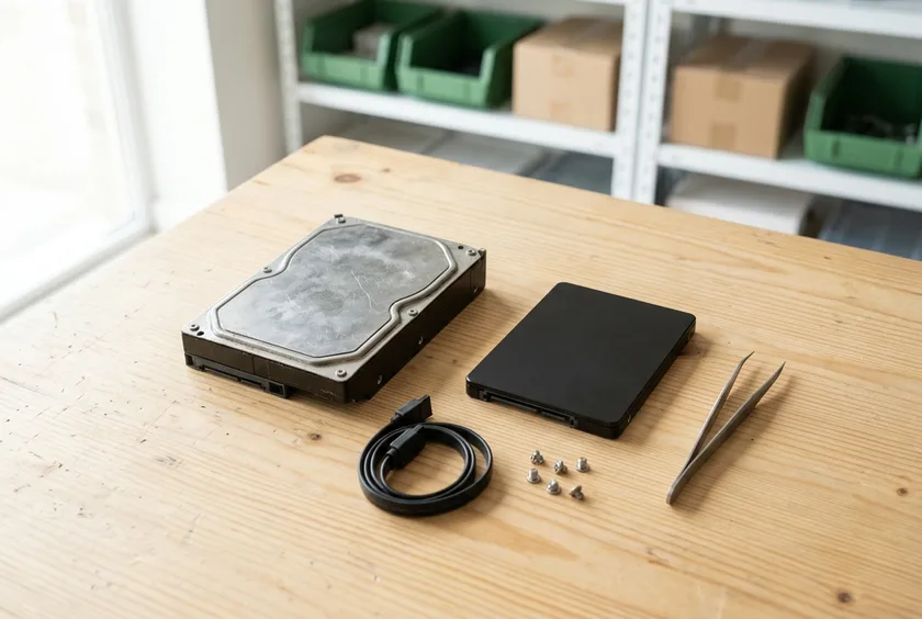 Старый жёсткий диск и новый SSD рядом на столе мастерской